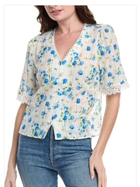 Nanette Lepore Tops - Nanette Lepore Shirt Women's SMALL White Blue Floral Button Puff Sleeve Blouse..
